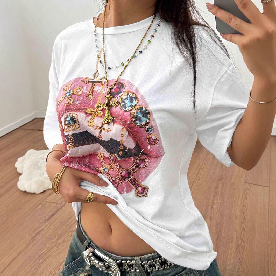 Damen Oversized T-Shirt mit kreativem Lippen- und Schmuckdesign R&B