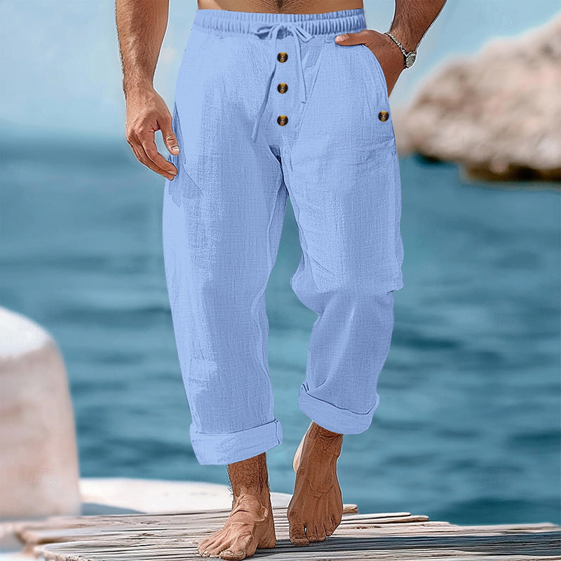 Herren nan lockere Leinen-Baumwoll-Hose mit elastischem Bund, Kordelzug und aufgekrempeltem Saum R&B