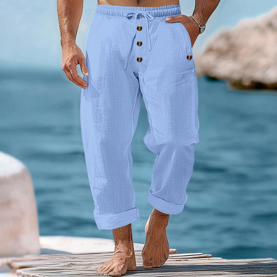 Herren nan lockere Leinen-Baumwoll-Hose mit elastischem Bund, Kordelzug und aufgekrempeltem Saum R&B
