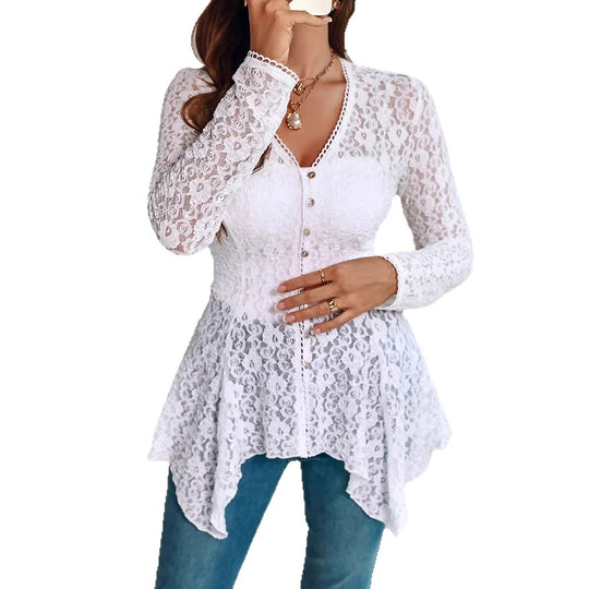 Damen romantische Spitzenbluse mit asymmetrischem Saum und Knopfdetails R&B