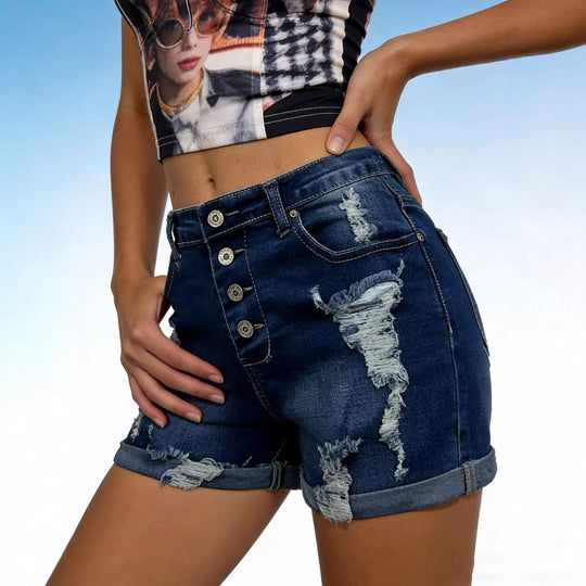 Damen modische Destroyed Denim-Shorts mit Knopfleiste R&B
