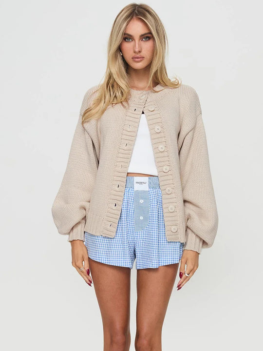 Damen gemütliche Strickjacke mit dekorativen Knopfdetails und voluminösen Ärmeln R&B