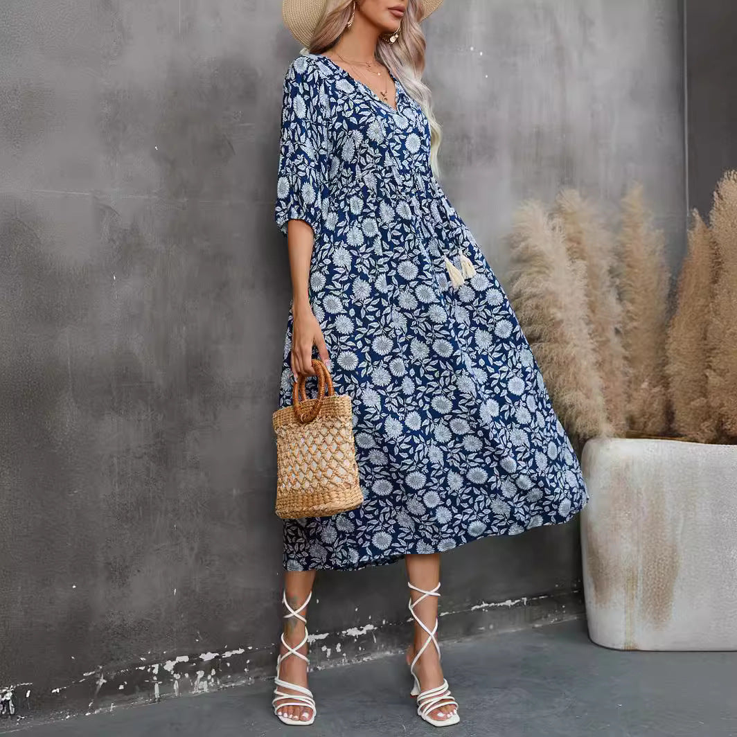Damen Maxikleid mit grafischem Blumendesign und schwingendem Saum R&B