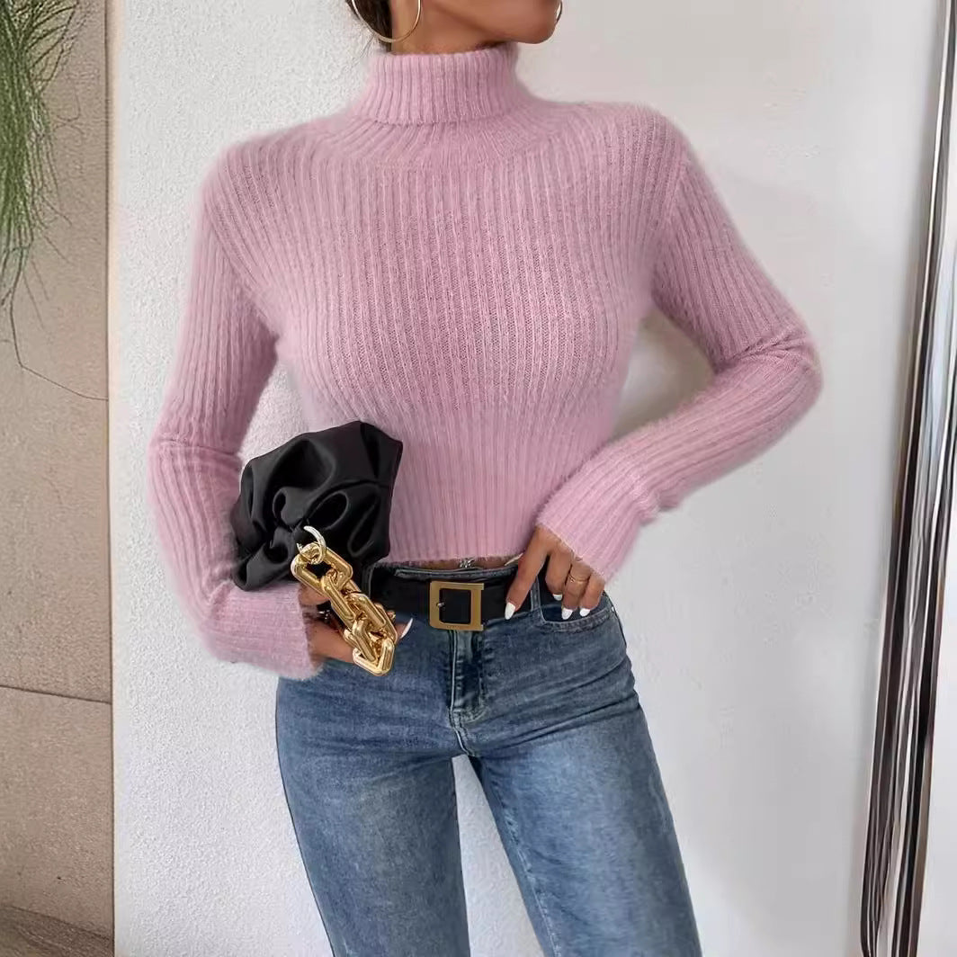 Damen Feinstrickpullover mit Stehkragen und modernem Rippdesign