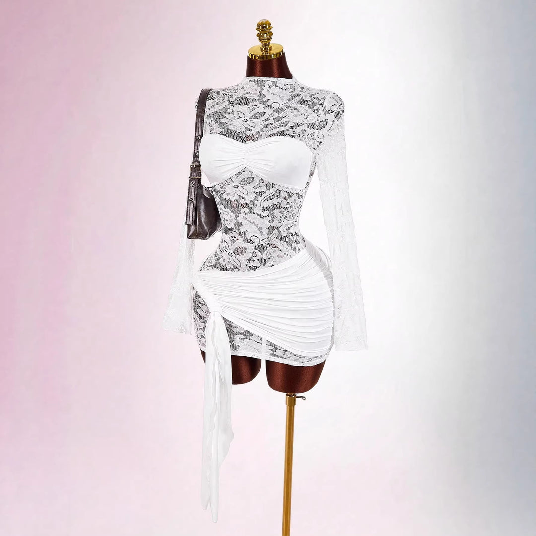 Damen nan transparentes Spitzen-Minikleid mit Bandeau-Einsatz, gerafftem Wickelrock und langen Ärmeln R&B