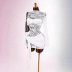 Damen nan transparentes Spitzen-Minikleid mit Bandeau-Einsatz, gerafftem Wickelrock und langen Ärmeln R&B