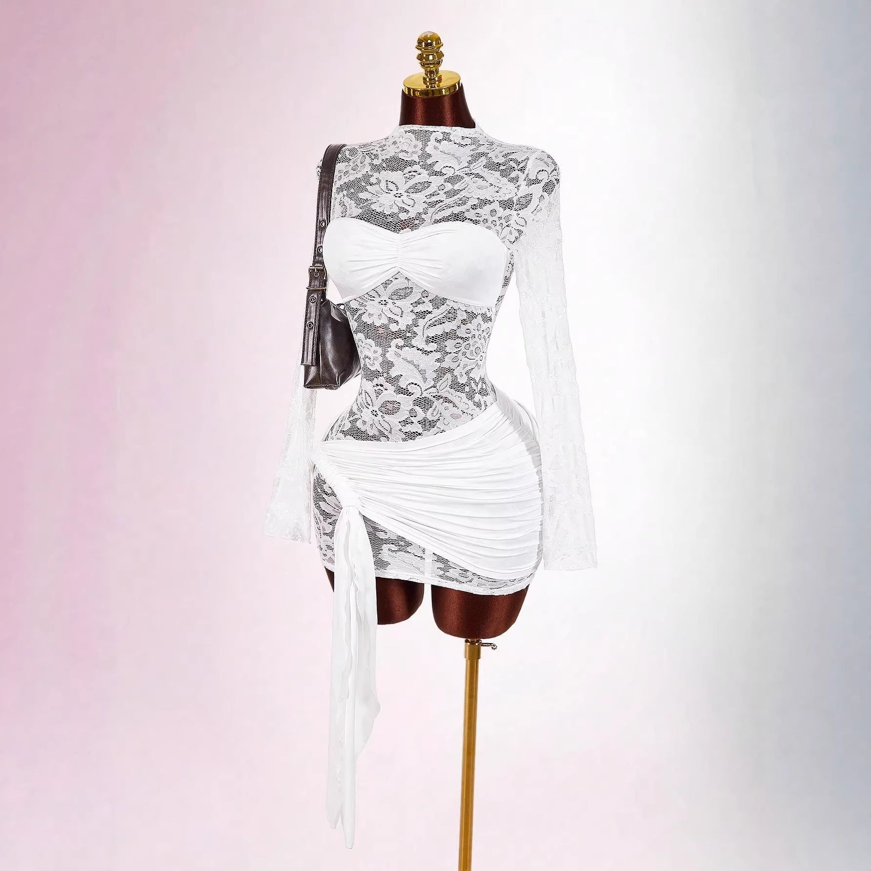 Damen nan transparentes Spitzen-Minikleid mit Bandeau-Einsatz, gerafftem Wickelrock und langen Ärmeln R&B