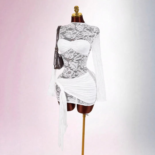 Damen nan transparentes Spitzen-Minikleid mit Bandeau-Einsatz, gerafftem Wickelrock und langen Ärmeln R&B