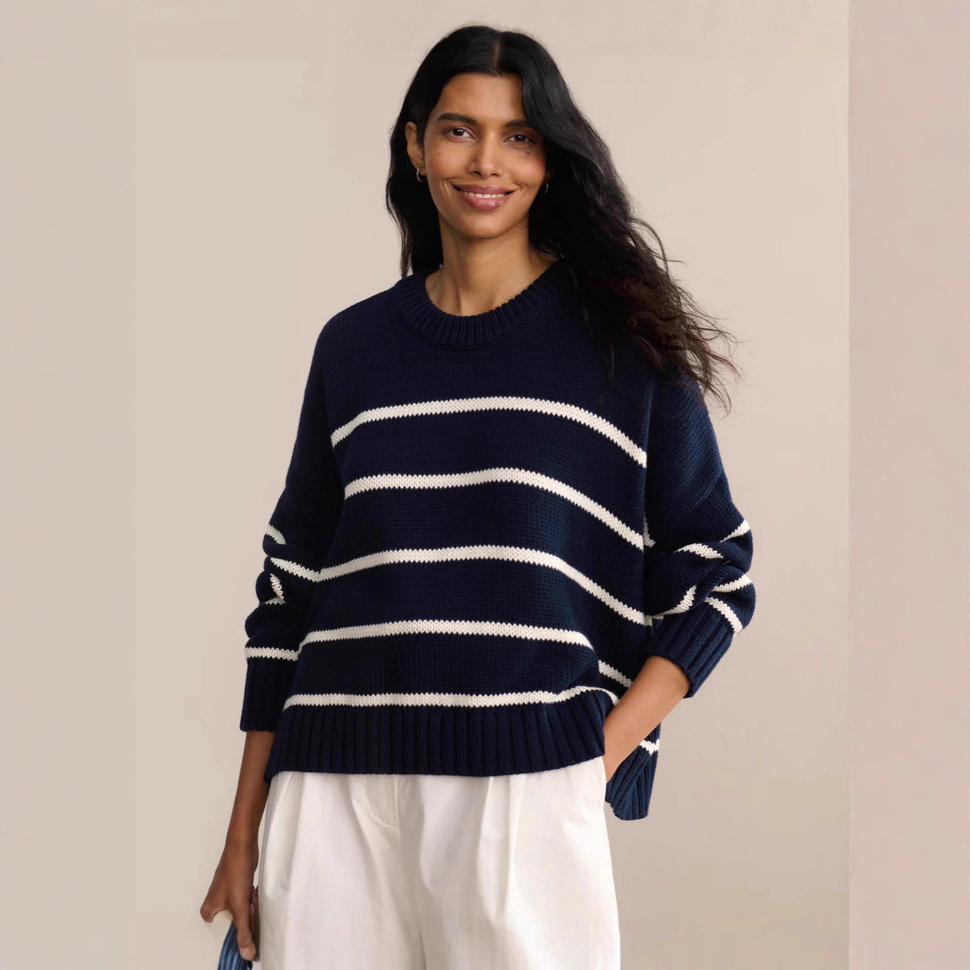 Damen gestrickter Pullover mit breitem Streifenmuster und lässigem Schnitt R&B
