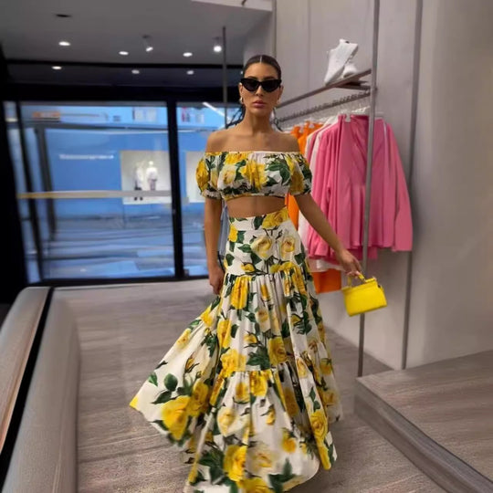 Damen Zweiteiliges Wickelkleid mit floralem Oberteil und schwingendem Rock R&B