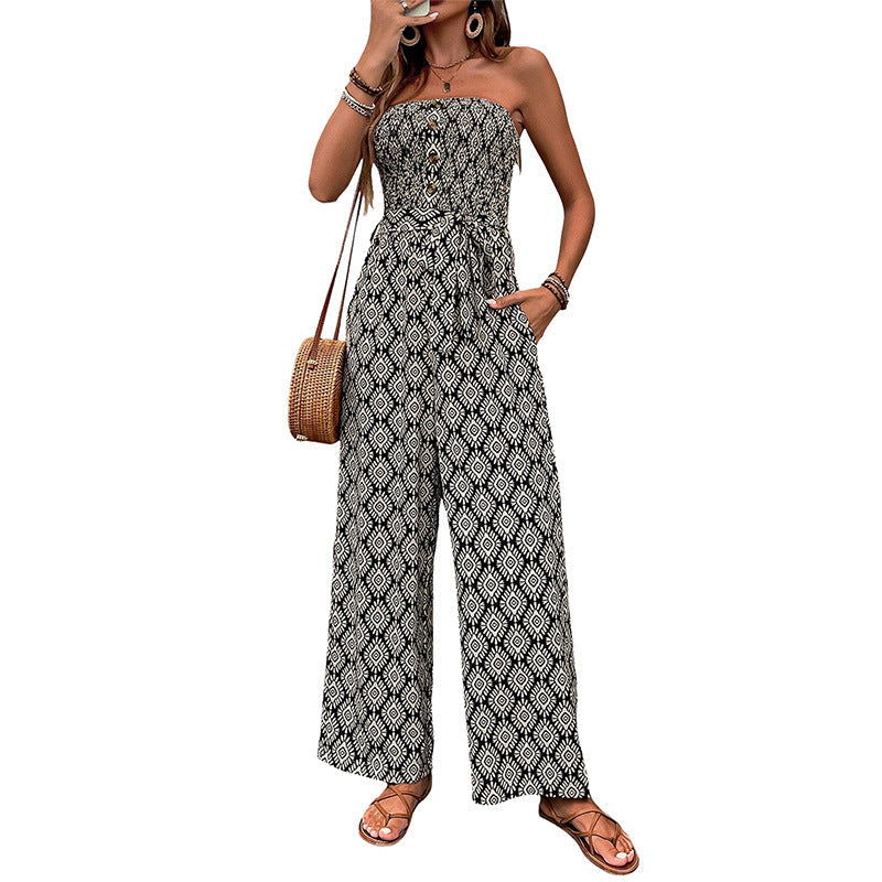 Damen Alltagsjumpsuit mit elastischem Oberteil und modischem Muster R&B