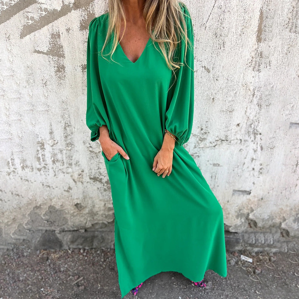 Damen Maxikleid mit tiefem V-Ausschnitt und lässigen Taschen R&B
