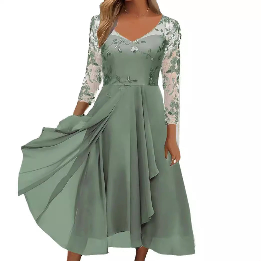 Damen Abendkleid mit floralen Spitzenärmeln und asymmetrischem Schnitt Heidi-Mode