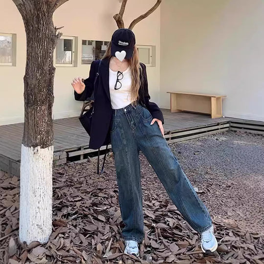 Damen Weite Denim-Hose mit hoch tailliertem Schnitt und lässigem Design R&B