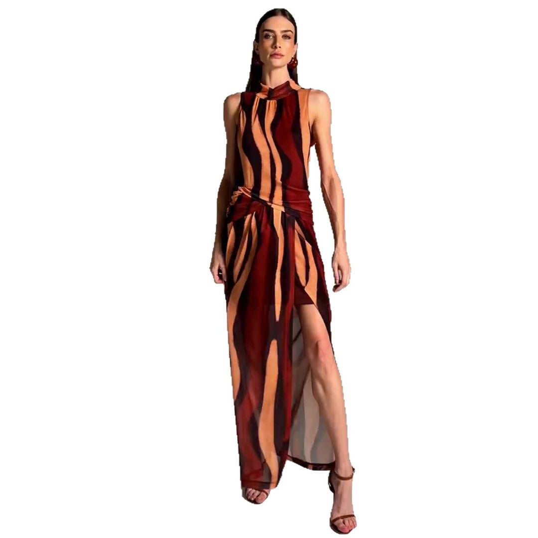 Damen elegantes Maxikleid mit einzigartigem Streifenmuster und hohem Kragen R&B