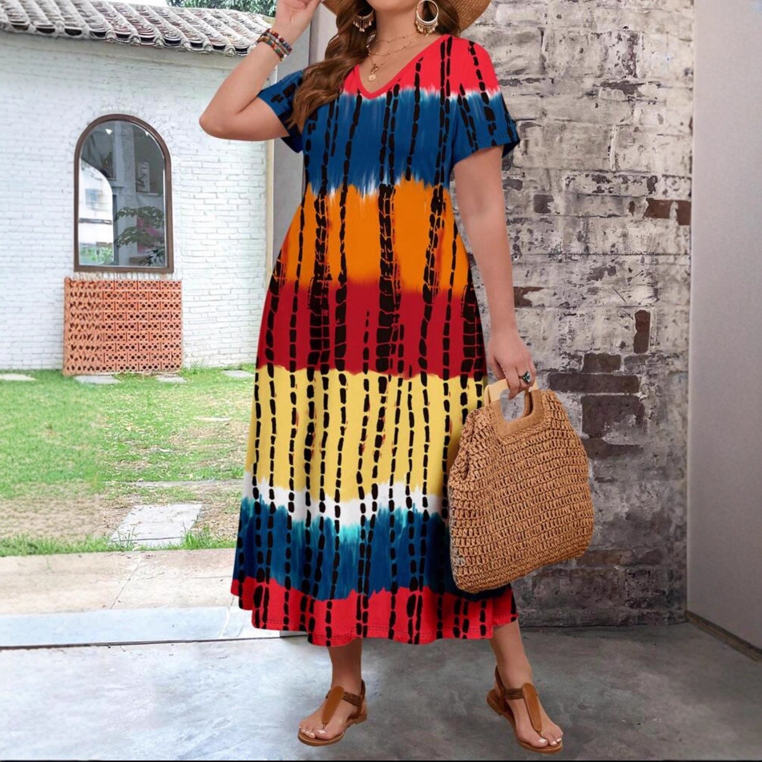 Damen Maxikleid mit modernem Farbverlauf und grafischem Muster R&B