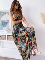 Damen Maxikleid mit floralem Druck und tiefer V-Ausschnitt R&B