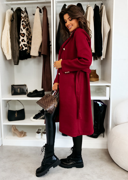 Damen eleganter Mantel mit Taillengürtel und doppelter Knopfblende R&B
