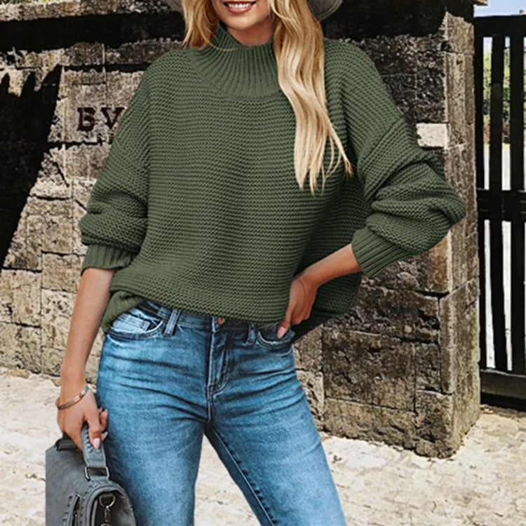 Damen Grobstrickpullover mit hohem Kragen und Ballonärmeln R&B