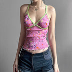 Damen gerafftes Spaghetti-Top mit floralem Muster und feinen Spitzenakzenten R&B