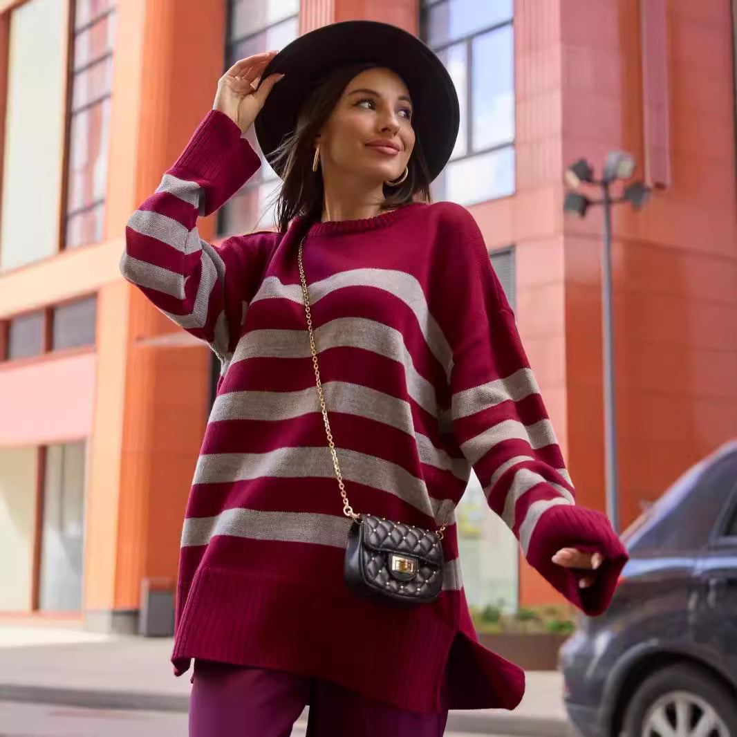 Damen Oversized Strickpullover mit modischem Streifenmuster und detailreicher Rippstruktur R&B