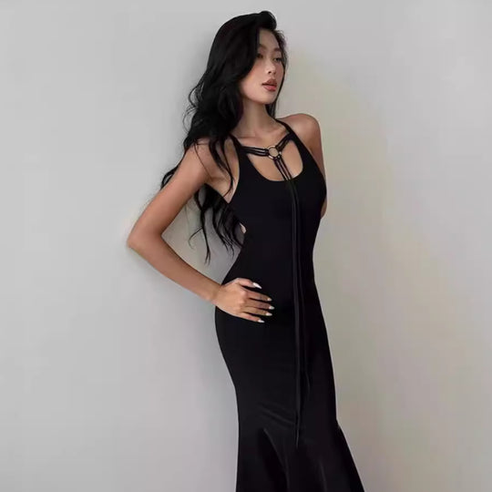 Damen elegantes Maxikleid mit verstellbaren Trägern und raffiniertem Ausschnitt R&B