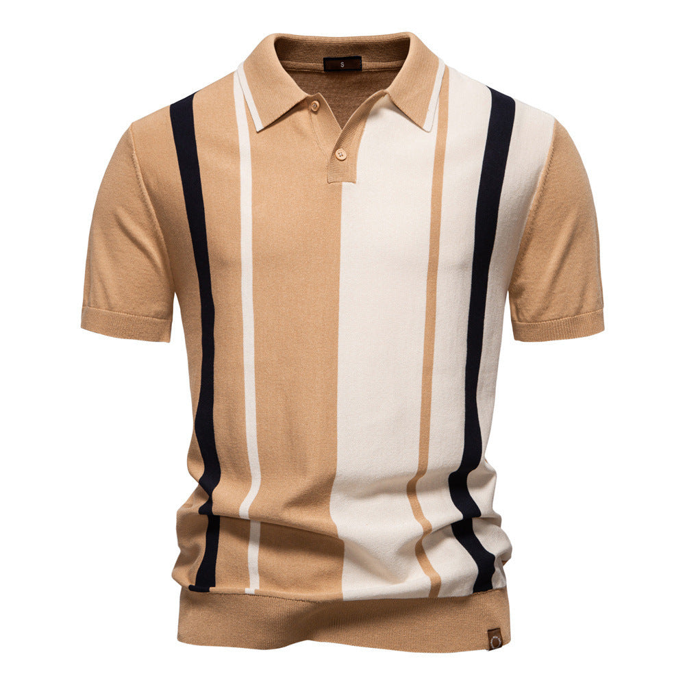 Herren nan retro-inspiriertes Strickpolo mit vertikaler Intarsienstruktur und offenem Kentkragen R&B