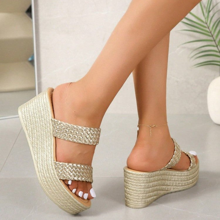 Damen Riemchen-Plateausandalen mit geflochtenem Design und eleganter Süßwasserperlen-Applikation R&B