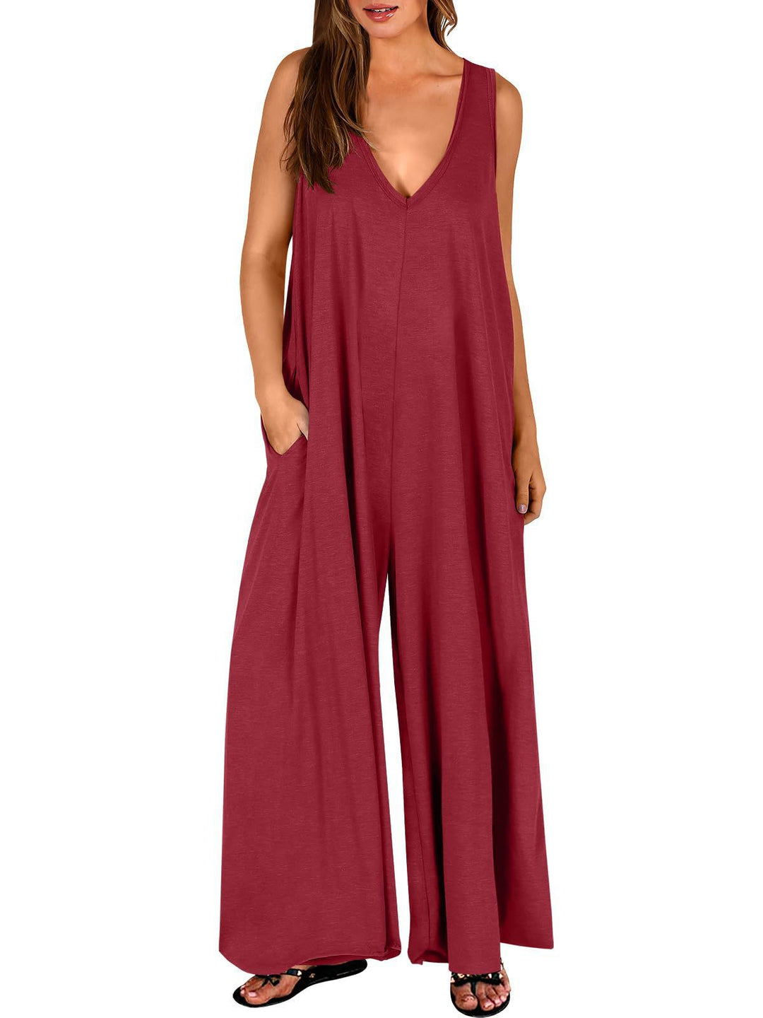 Damen Lockerer Jumpsuit mit tiefem V-Ausschnitt und seitlichen Taschen R&B
