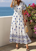 Damen Boho Maxikleid mit floralen Prints und Taillengürtel R&B