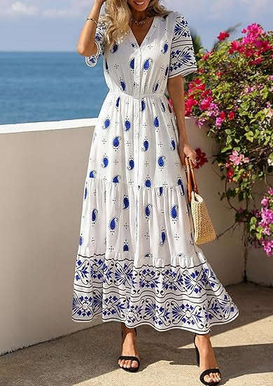 Damen Boho Maxikleid mit floralen Prints und Taillengürtel R&B