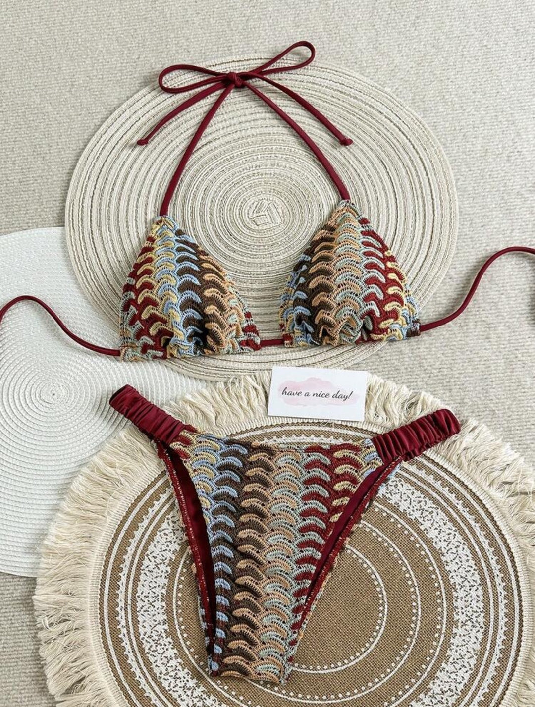 Damen Triangel-Bikini mit buntem Häkelmuster R&B