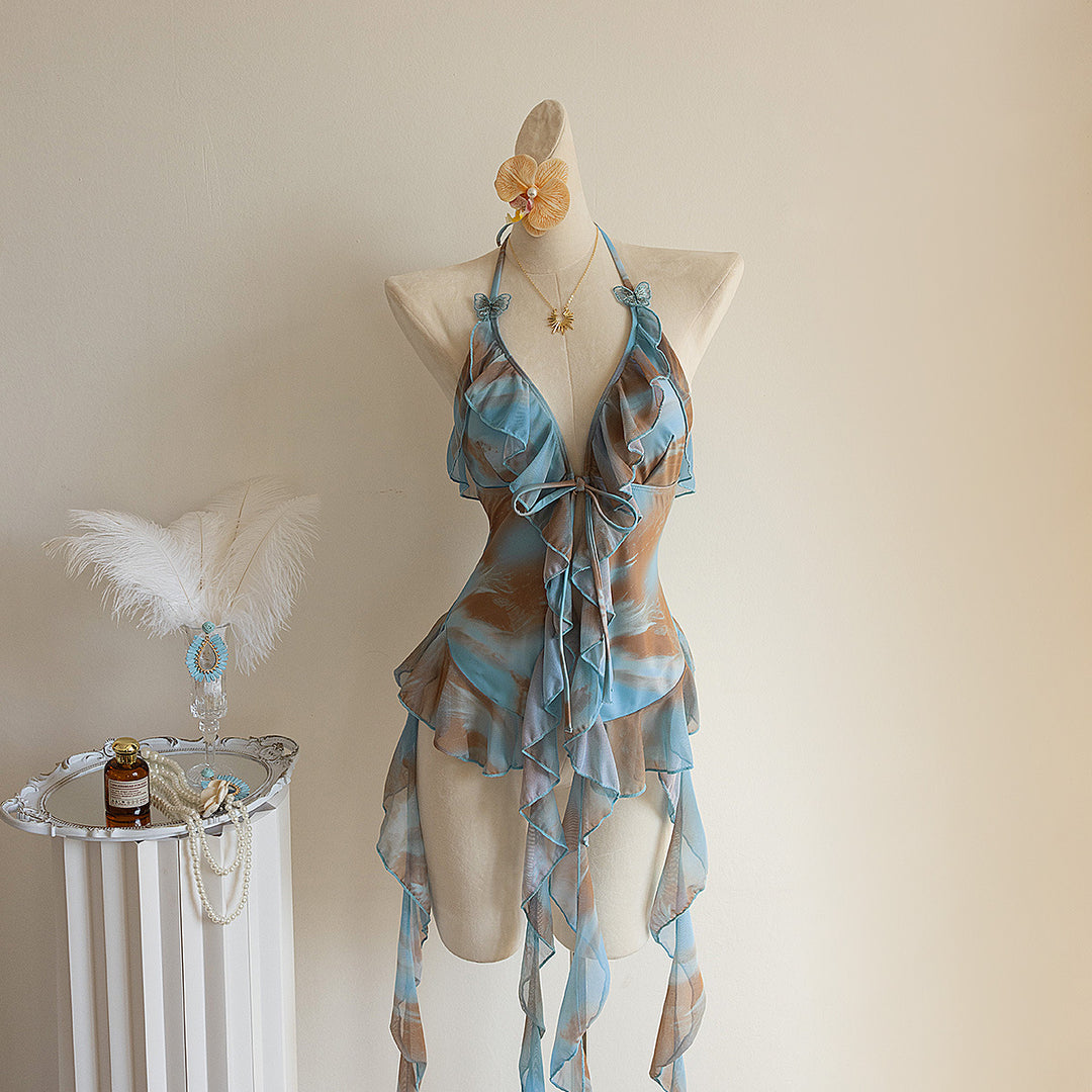 Damen Strandkleid mit transparenten Volants R&B