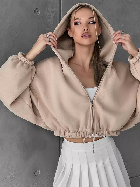Damen Sportlicher Cropped Hoodie mit Reißverschluss und Kordelzug R&B