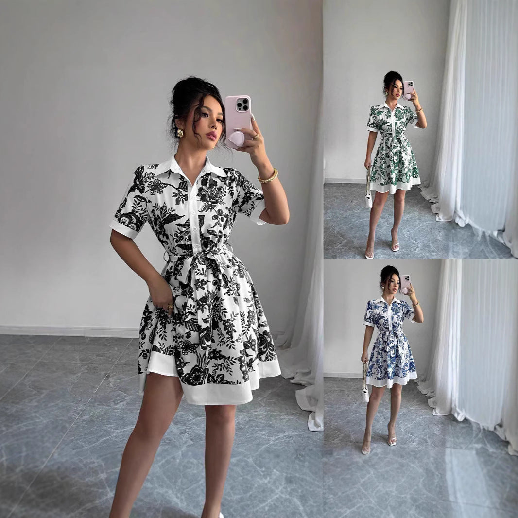 Damen Hemdblusenkleid mit floralen Mustern und Taillengürtel R&B