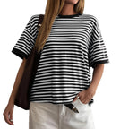 Damen Oversized Streifen-T-Shirt mit Kurzarm und Rundhalsausschnitt R&B