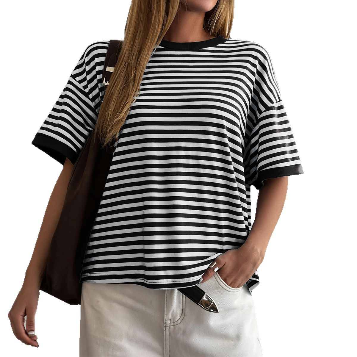 Damen Oversized Streifen-T-Shirt mit Kurzarm und Rundhalsausschnitt R&B