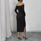 Damen Off-Shoulder Kleid mit eleganten Raffungseffekten und glitzernden Akzenten R&B