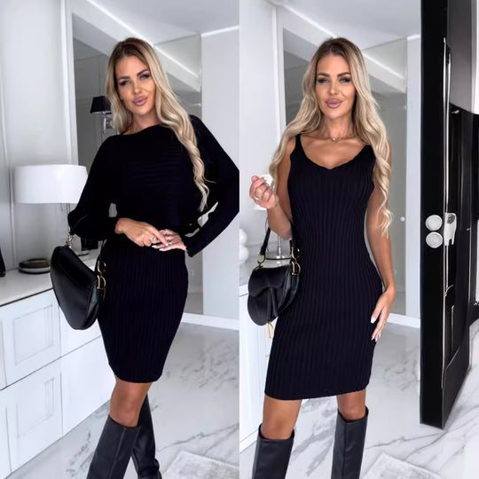 Damen figurbetontes Rippshirt-Kleid mit elegantem Ausschnitt R&B