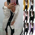 Damen lange Strickjacke mit Kapuze und Zopfmuster