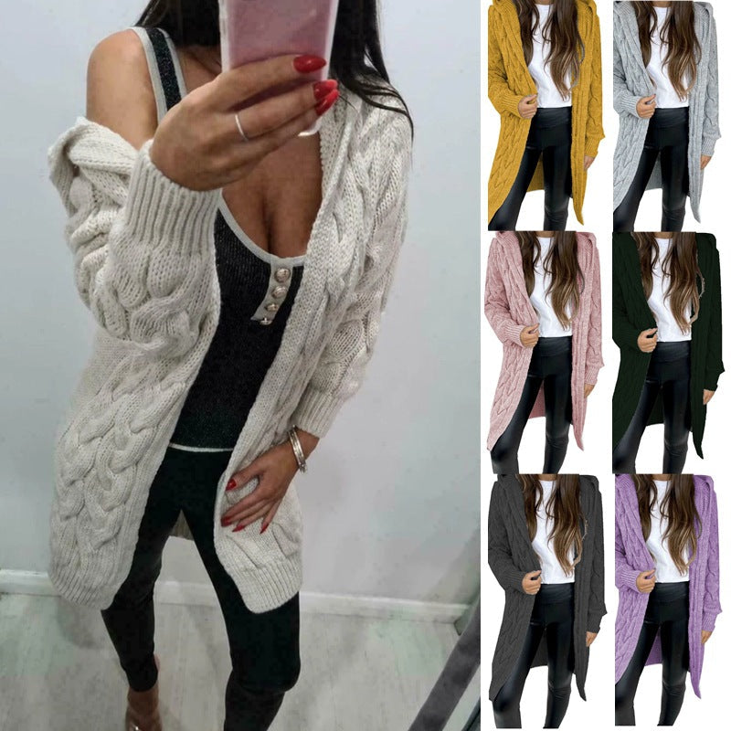 Damen lange Strickjacke mit Kapuze und Zopfmuster