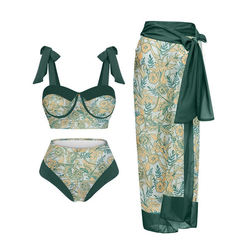 Damen Einteiler Badeanzug mit elegantem Wickelrock und modischen Riemen R&B