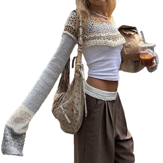 Damen gehäkeltes Crop-Top mit langem Arm und bunten Streifen R&B