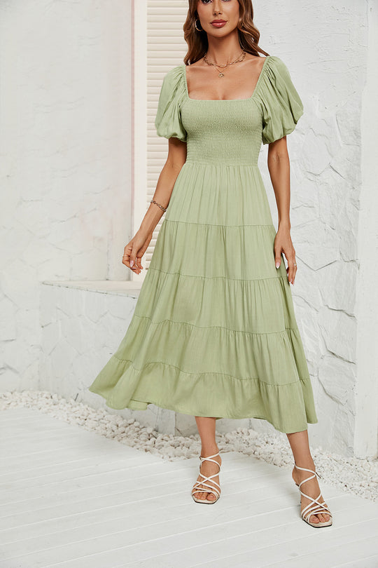 Damen Maxikleid mit Puffärmeln und elastischem Oberteil R&B
