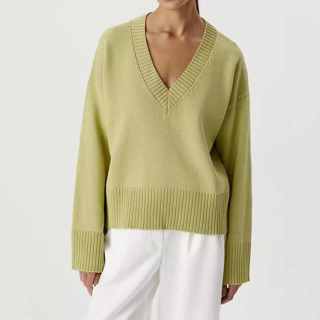 Damen Strickpullover mit tiefem V-Ausschnitt und lässigem Schnitt R&B
