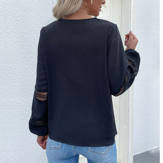 Damen Hemdbluse mit Spitzenakzenten und modernem V-Ausschnitt R&B
