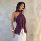 Damen nan Chiffon-Haltertop mit dekorativem Metallring und mehrlagigen Volants R&B