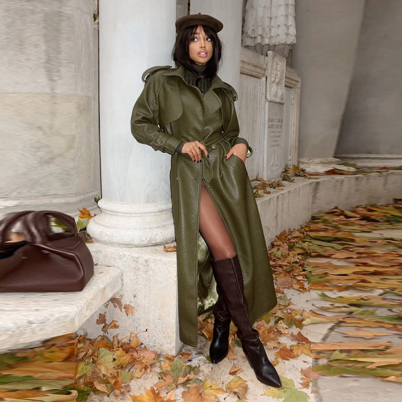 Damen Kunstleder Trenchcoat mit Oberteil und Taillengürtel R&B