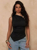Damen nan asymmetrisches Ein-Schulter-Top mit Zierringen, taillierter Raffung und spitzem Saum R&B