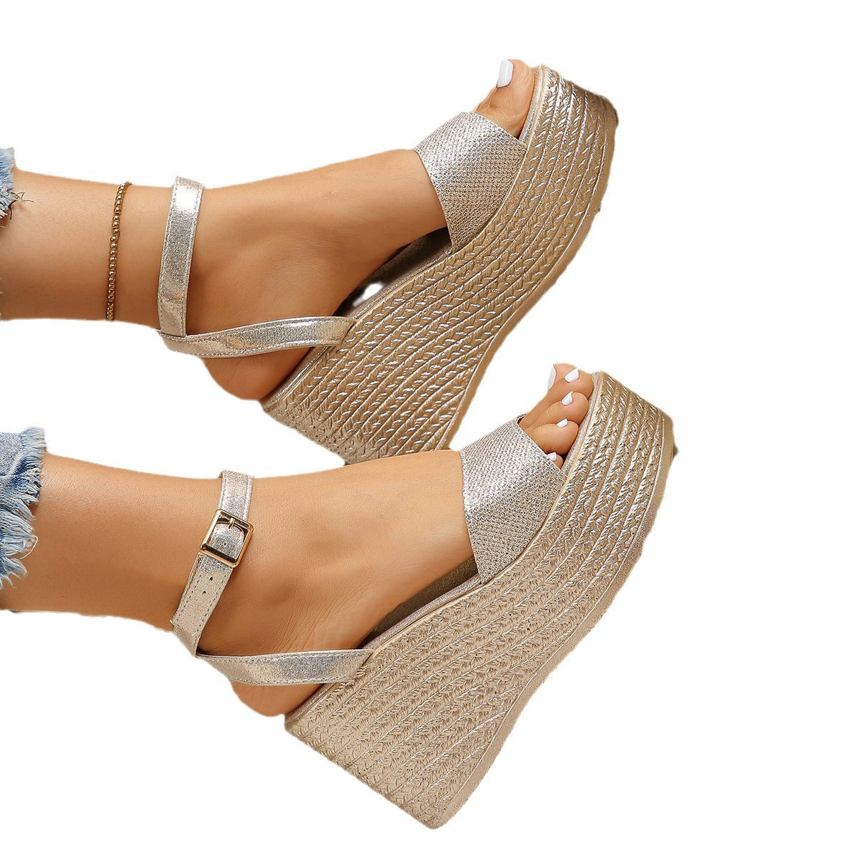 Damen modische Plateau-Sandalen mit glänzendem Obermaterial und verstellbarem Riemen R&B